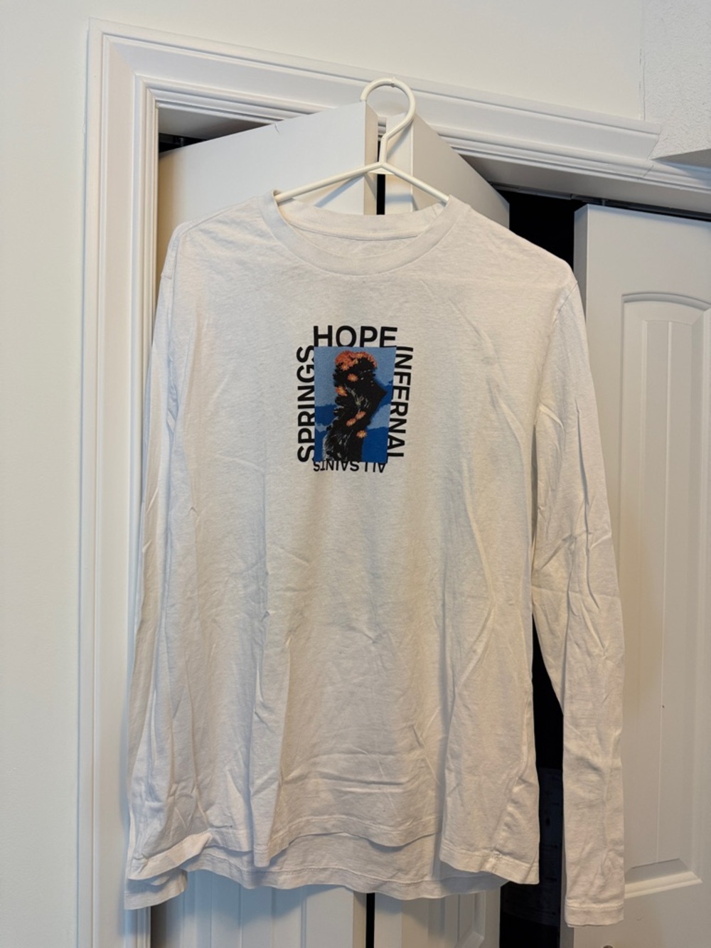 AllSaints White Long Sleeve Tee with Navy & Light Blue Graphic